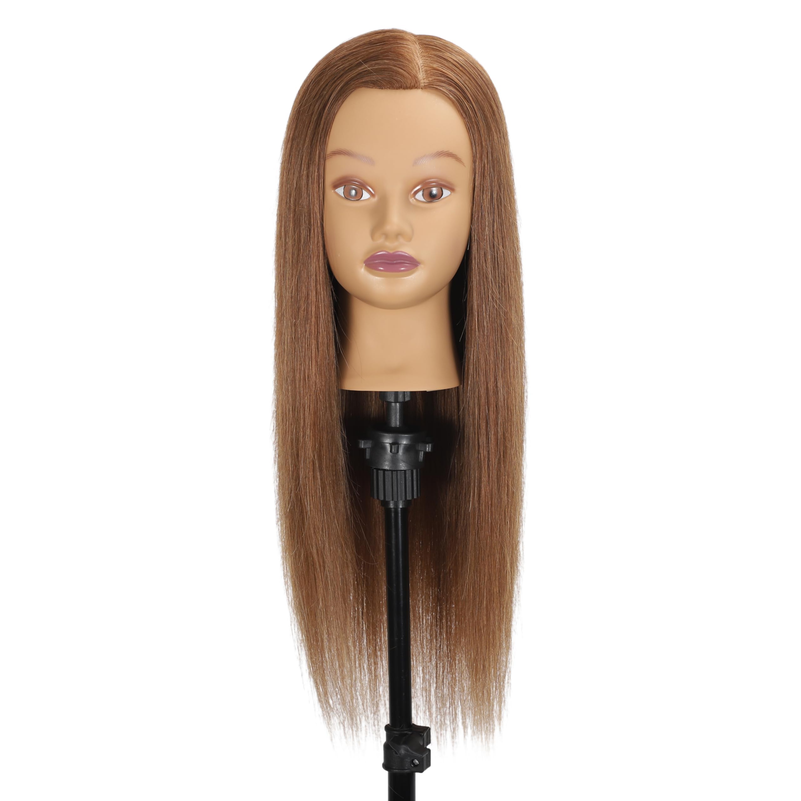 A long straight wig with medium brown to light brown color, displayed on a mannequin head stand against a plain white background.