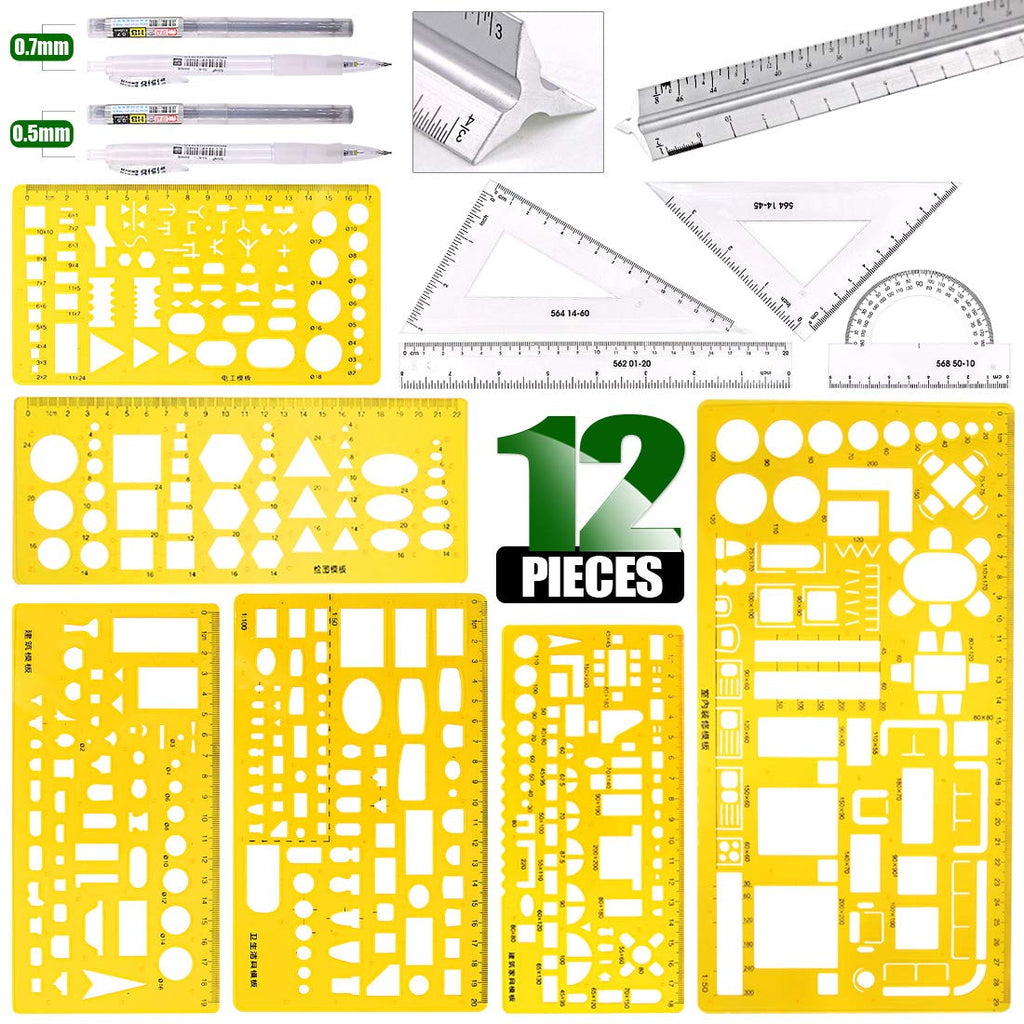 Keadic 12 Pieces Plastic Drawing Template Ruler Kit with Aluminum Architect Scale