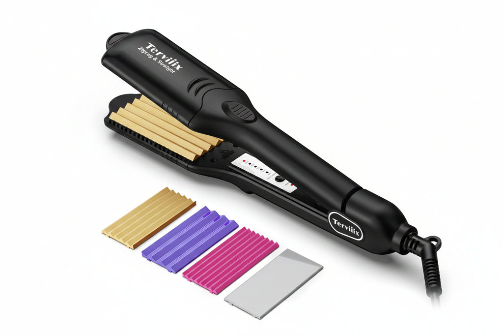 Black Tervilix styling iron shown open with gold plates, alongside four interchangeable metal plates in gold, purple, pink, and silver on a white background.