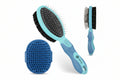 A pet grooming brush set on a white background, featuring a large oval brush with a turquoise and blue handle, a smaller brush shown upright on the right, and a close-up of the blue bristle pad on the bottom left.