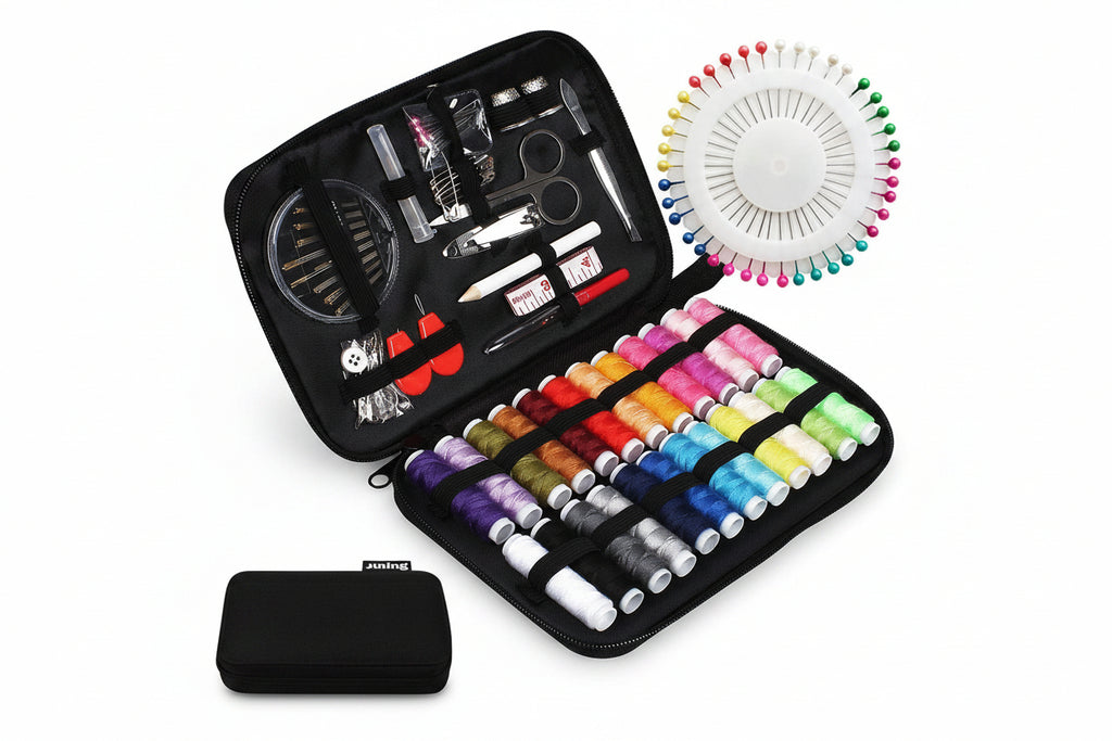 Sewing kit with threads, pins, and tools in a black case on a white background