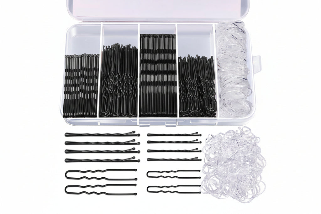 Assorted hair accessories including pins and elastics in a clear container.