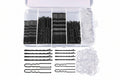 Assorted hair accessories including pins and elastics in a clear container.