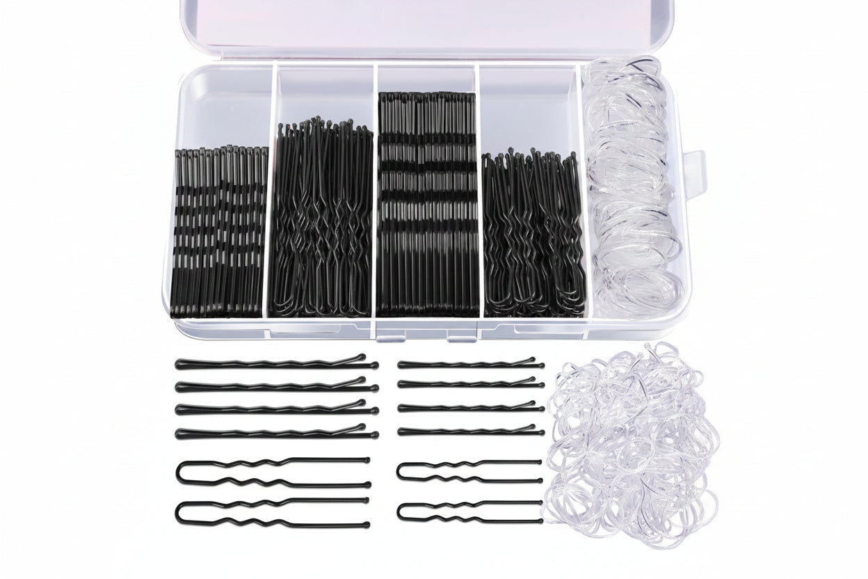 Assorted hair accessories including pins and elastics in a clear container.