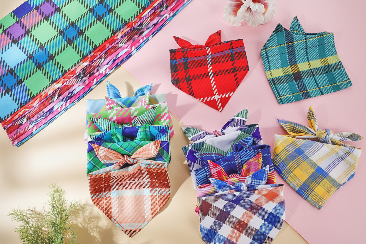 A styled flat-lay of multiple colorful plaid bandana neckties arranged on a pink and beige surface, with a matching plaid fabric strip in the upper left corner.