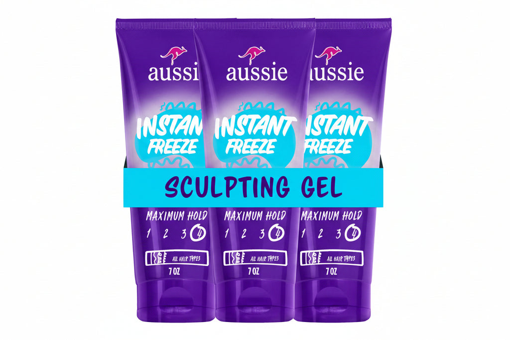 Three bottles of Aussie Instant Freeze Sculpting Gel on a white background