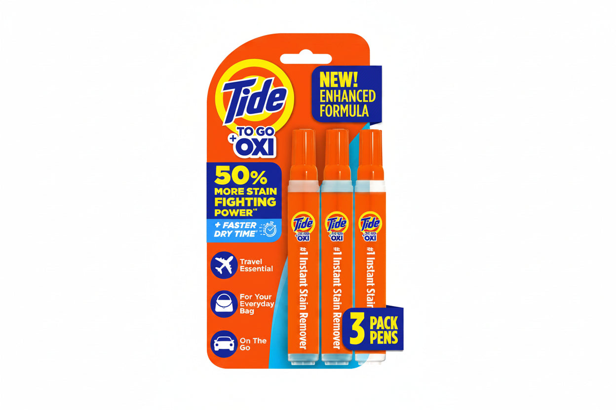 Tide To Go Oxi instant stain remover pens with packaging on a white background