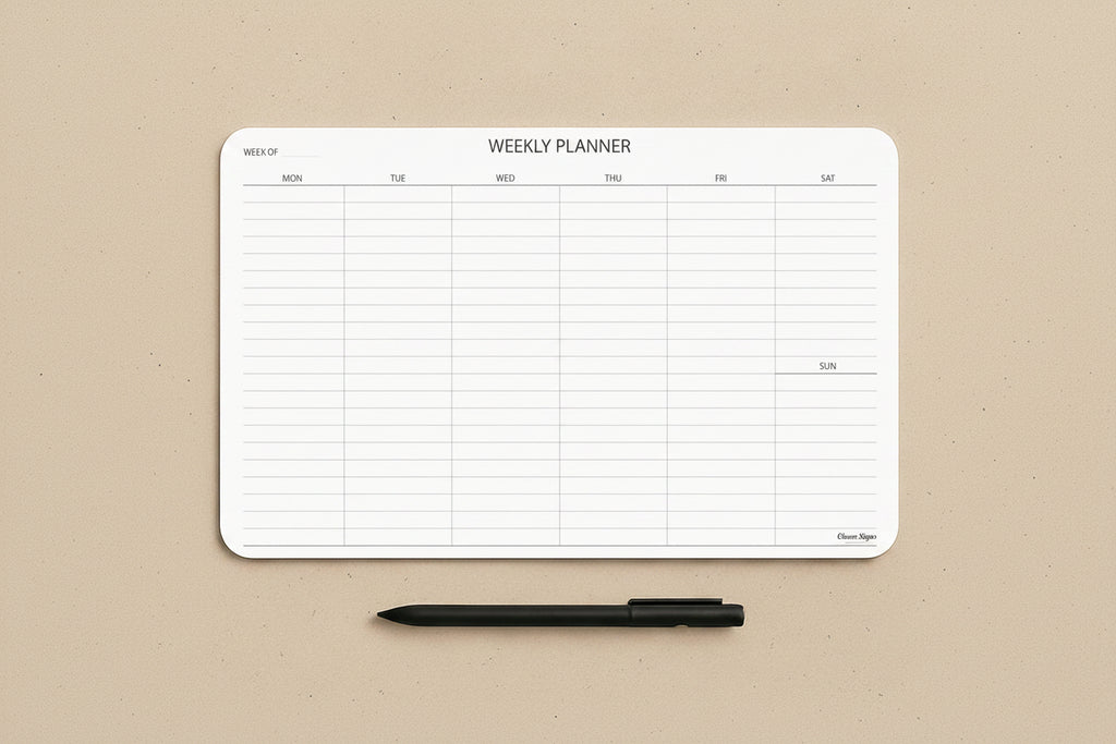 A white weekly planner pad with a black pen on a textured beige background. The planner features columns for Monday through Sunday and is branded with 'Clever Signs' in the bottom right corner.