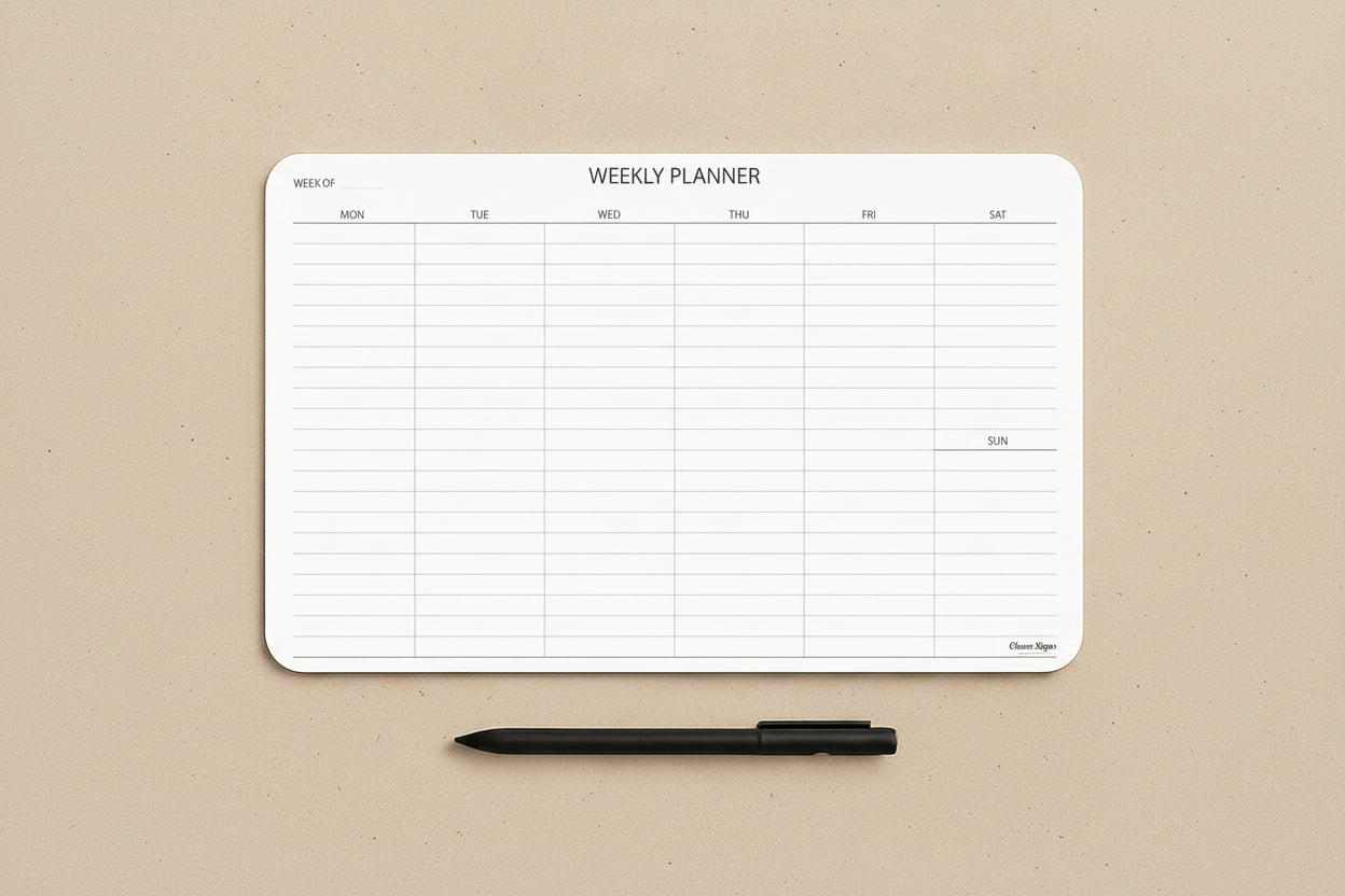 A white weekly planner pad with a black pen on a textured beige background. The planner features columns for Monday through Sunday and is branded with 'Clever Signs' in the bottom right corner.