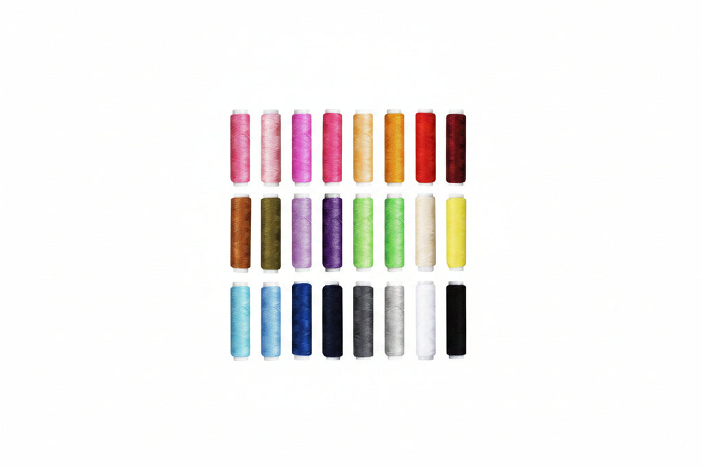 Assorted spools of thread in various colors on a white background