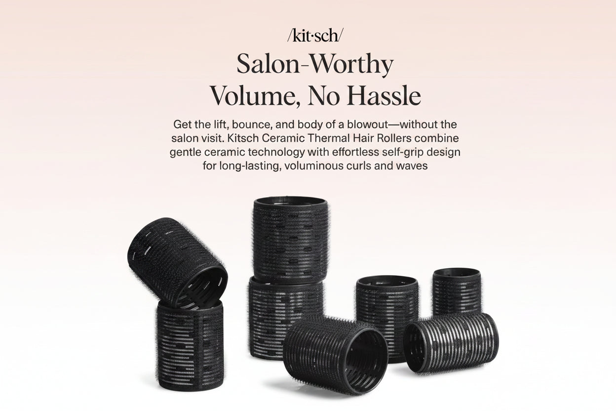 Black hair rollers with promotional text about Kitsch Ceramic Thermal Hair Rollers on a white background