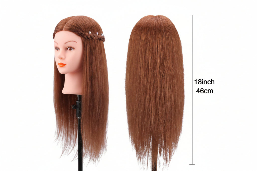 Brown hair on a mannequin head with measurements indicated.