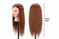 Brown hair on a mannequin head with measurements indicated.