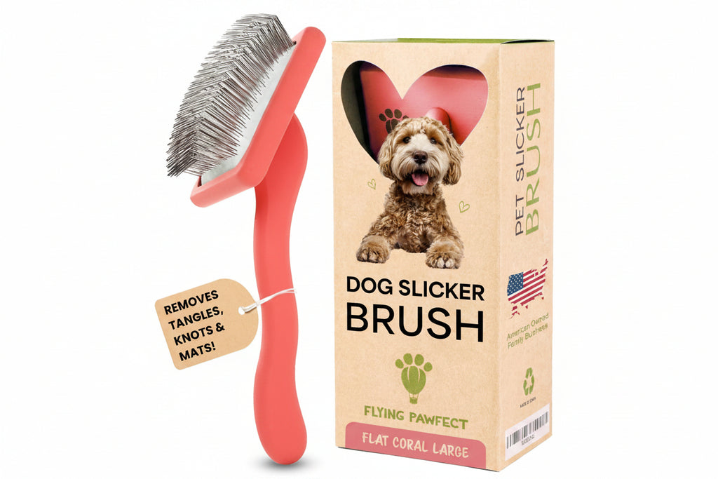 A coral pink pet slicker brush with silver metal bristles shown next to its cardboard packaging box. The box features a window with a picture of a dog and text reading 'PET SLICKER BRUSH' and 'DOG SLICKER BRUSH'.