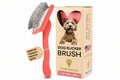 A coral pink pet slicker brush with silver metal bristles shown next to its cardboard packaging box. The box features a window with a picture of a dog and text reading 'PET SLICKER BRUSH' and 'DOG SLICKER BRUSH'.