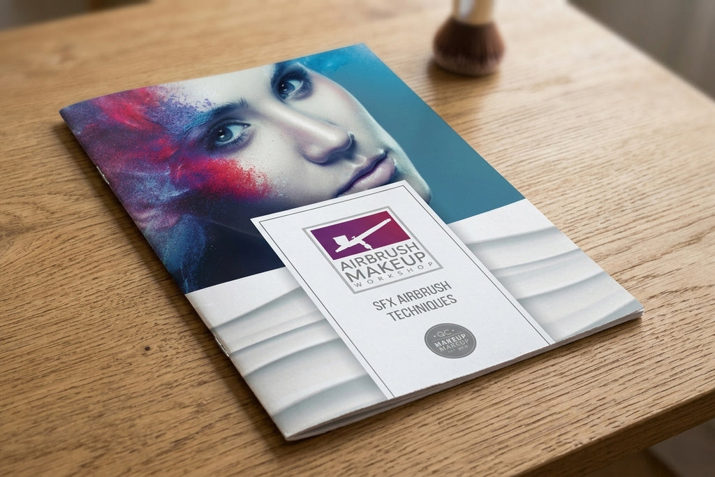 Booklet titled 'Airbrush Makeup' on a wooden surface