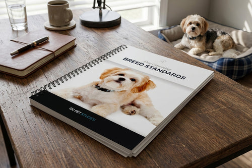 Open book on a wooden table with a dog in the background