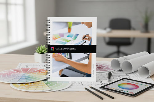 Color consulting book on a desk with color swatches and tablet in an office setting