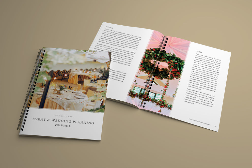 Event and wedding planning book with open pages showing images and text on a beige background