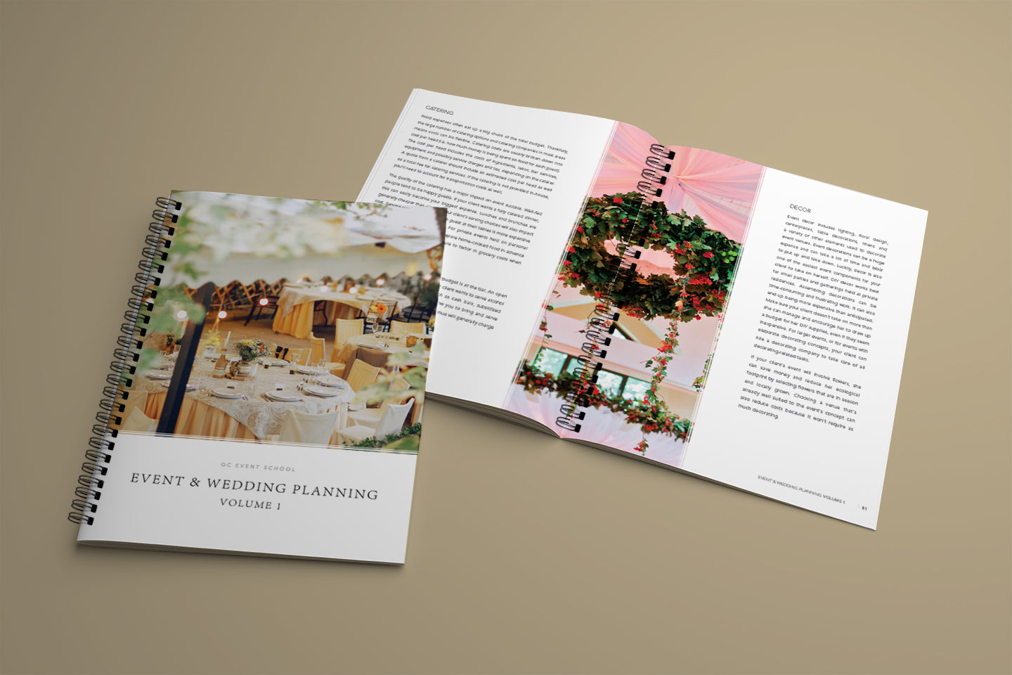Event and wedding planning book with open pages showing images and text on a beige background