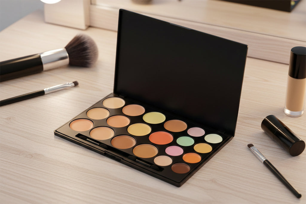 Makeup palette with brushes and products on a wooden surface