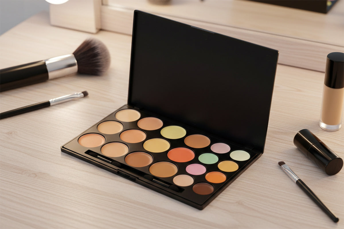 Makeup palette with brushes and products on a wooden surface