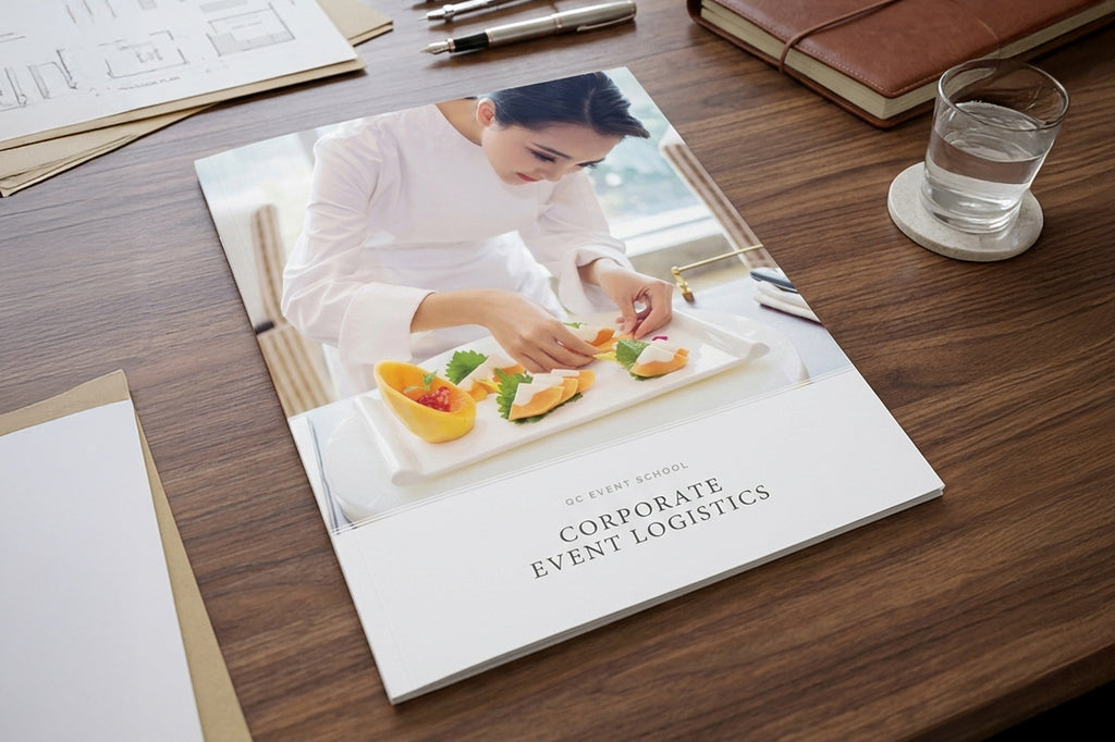 Booklet on a table with a person preparing food, titled 'Corporate Event Logistics'.