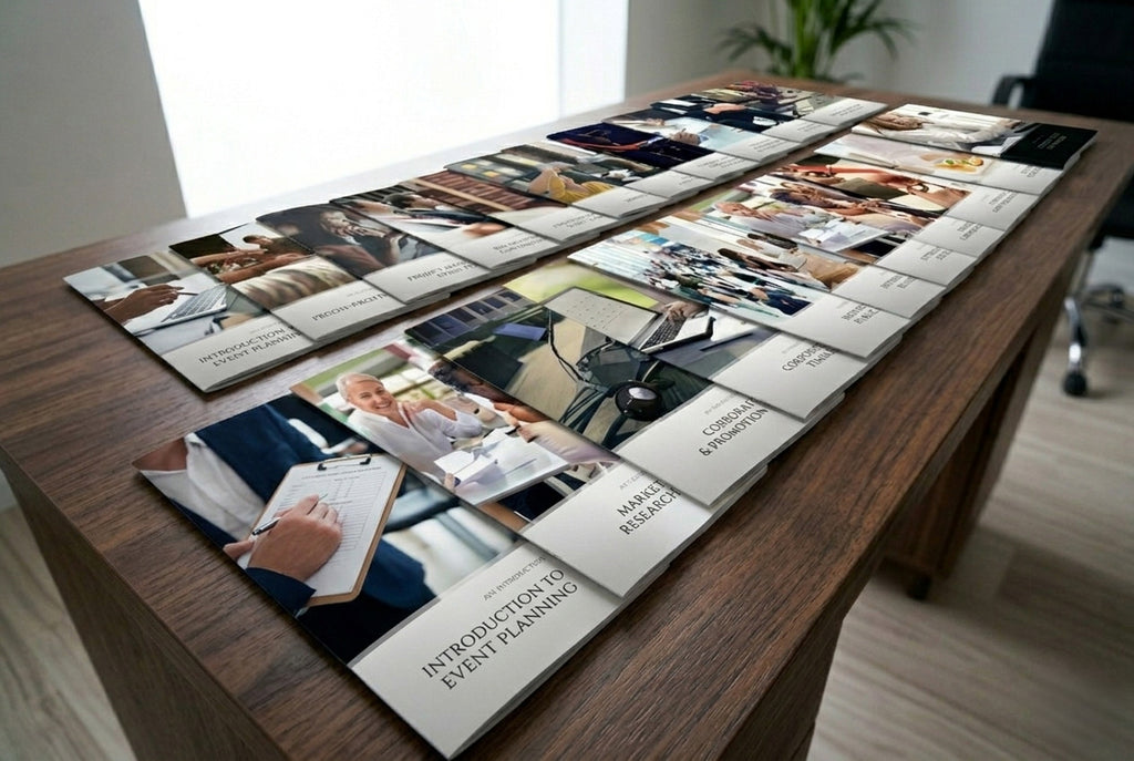 Tabletop display with educational booklets on a wooden table