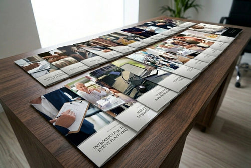 Tabletop display with educational booklets on a wooden table