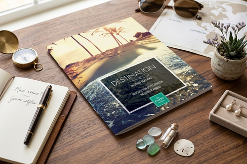 Desk with travel-themed course book, pen, and decorative items on a wooden surface