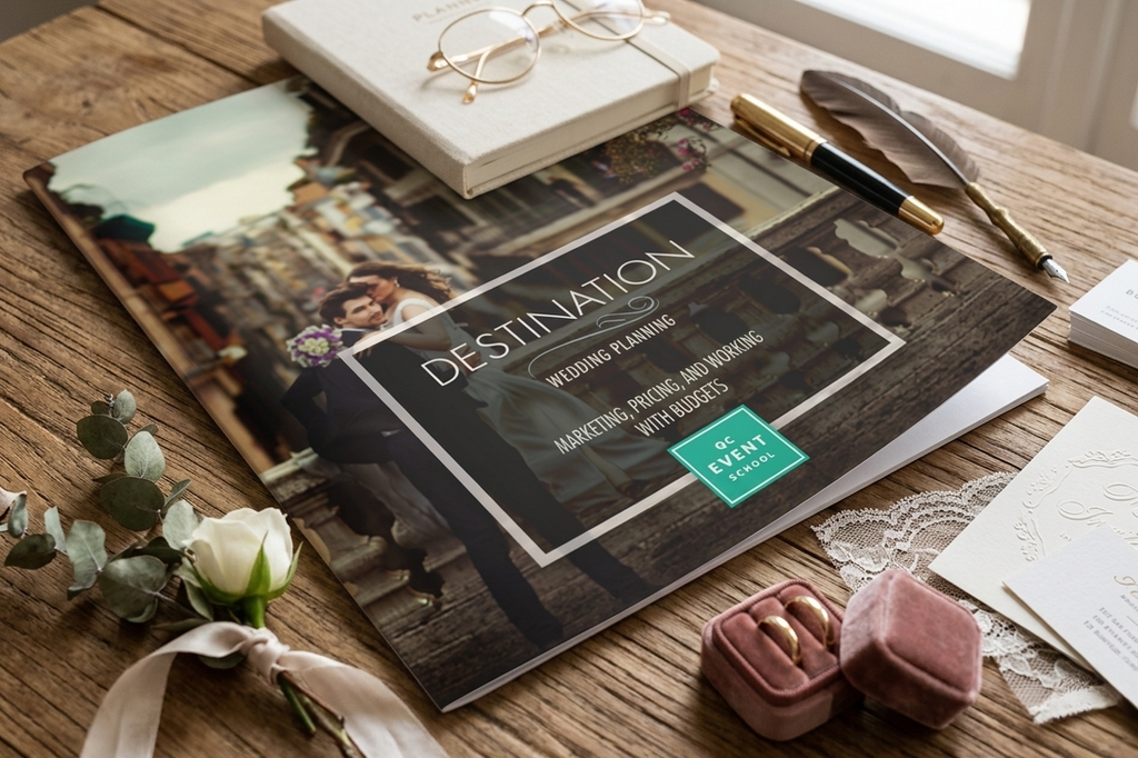 Wedding planning book on a wooden table with rings and flowers