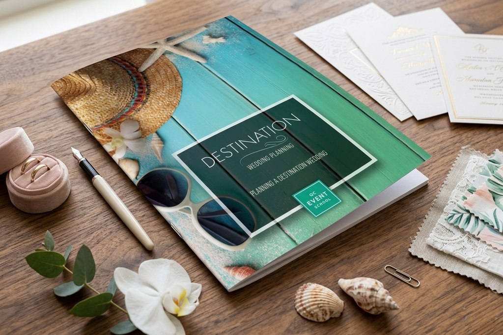 Travel wedding book with beach-themed cover on a wooden surface with stationery items.
