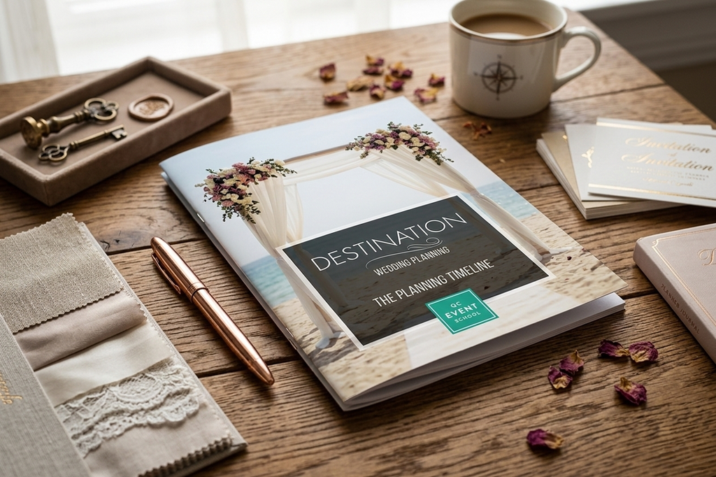 Planner book titled 'Destination Wedding Planning Timeline' on a wooden table with coffee and decorative items.
