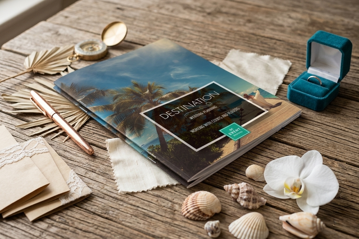 Book with 'Destination Wedding Planning' cover on a wooden surface with decorative items