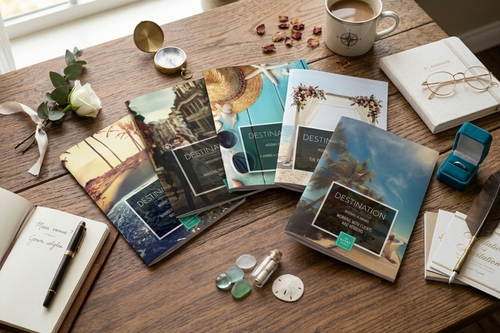 Tabletop scene with travel-themed books, a cup of coffee, and decorative items.