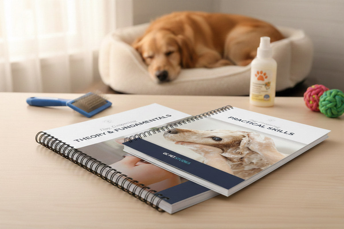 Two books on a table with a dog in the background