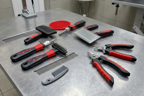 Dog grooming kit items on a steel table. Brushes, combs and nail clippers with black and red handles. 