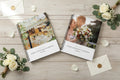 Two event and wedding planning books on a wooden surface with floral arrangements and envelopes.