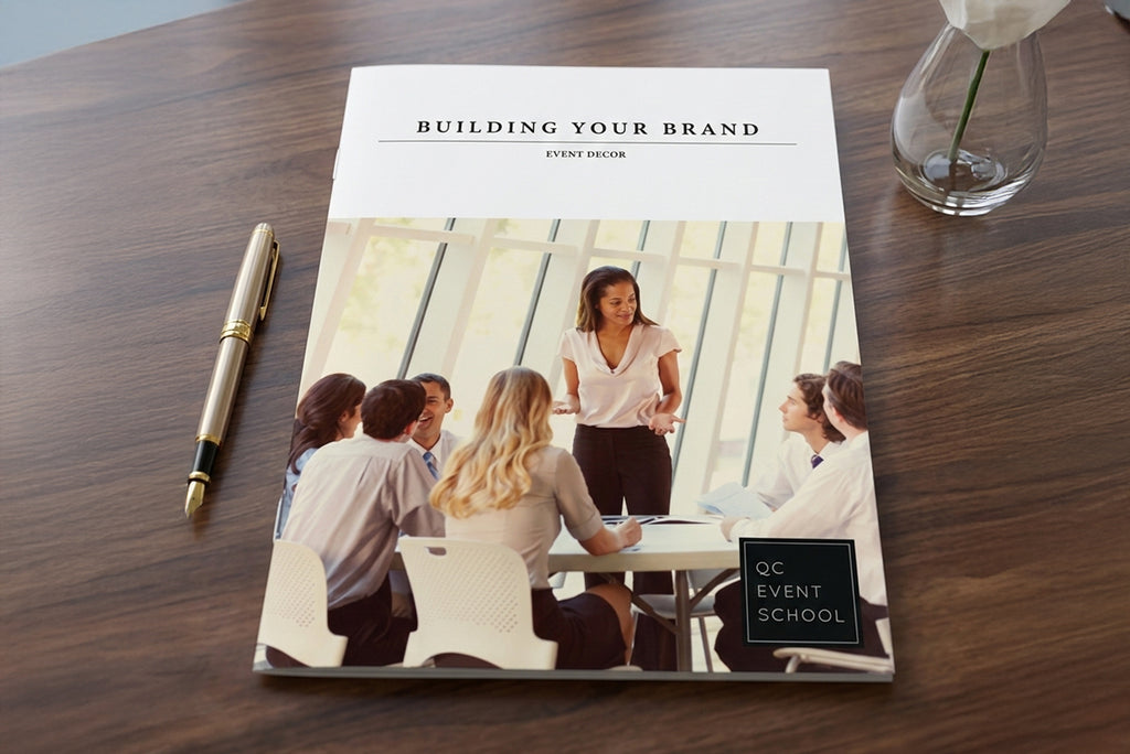 Book titled 'Building Your Brand' by QC Event School on a wooden table with a pen and vase.