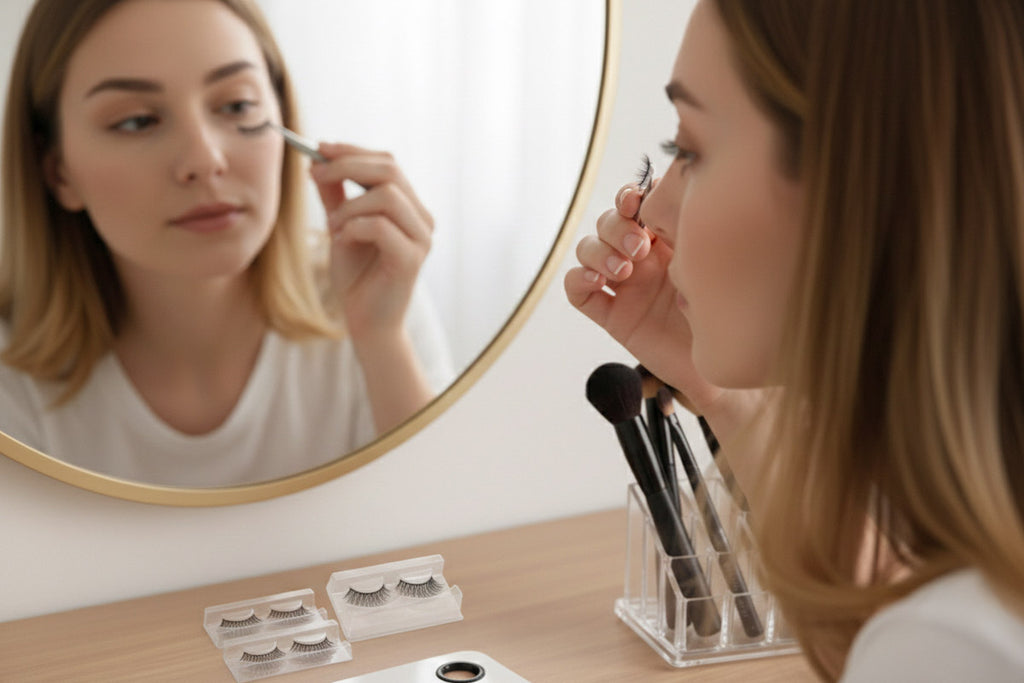 Woman applying eyelashes in front of a mirror with makeup brushes and false lashes on a table.