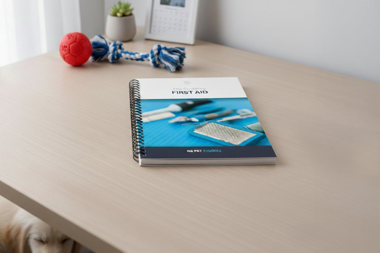 First aid book on a table with pet toys in the background
