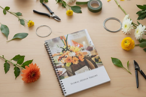 Book titled 'Floral Design Theory' surrounded by flowers and floral tools on a wooden surface