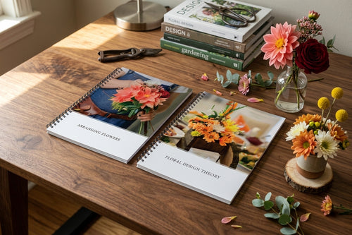 Two spiral-bound floral design books on a wooden table with flowers and gardening books.