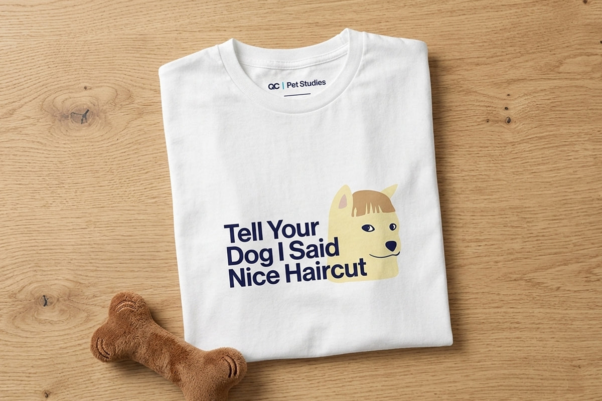 White t-shirt with a graphic of a dog and text 'Tell Your Dog I Said Nice Haircut' on a wooden surface.