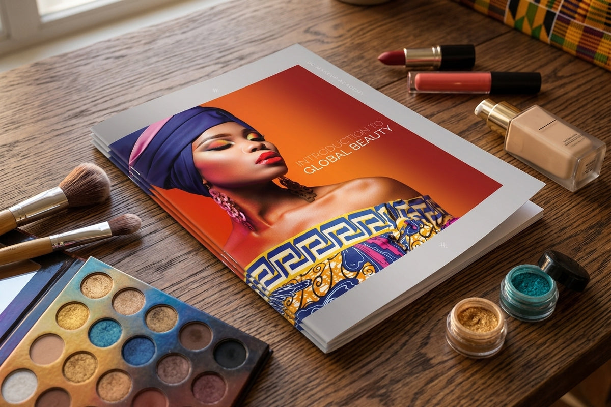 Makeup products including a book titled 'Global Beauty' on a wooden surface.