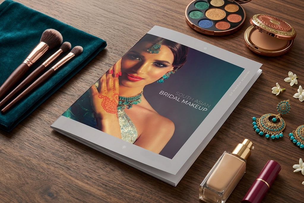 Makeup book on a wooden table with makeup products around