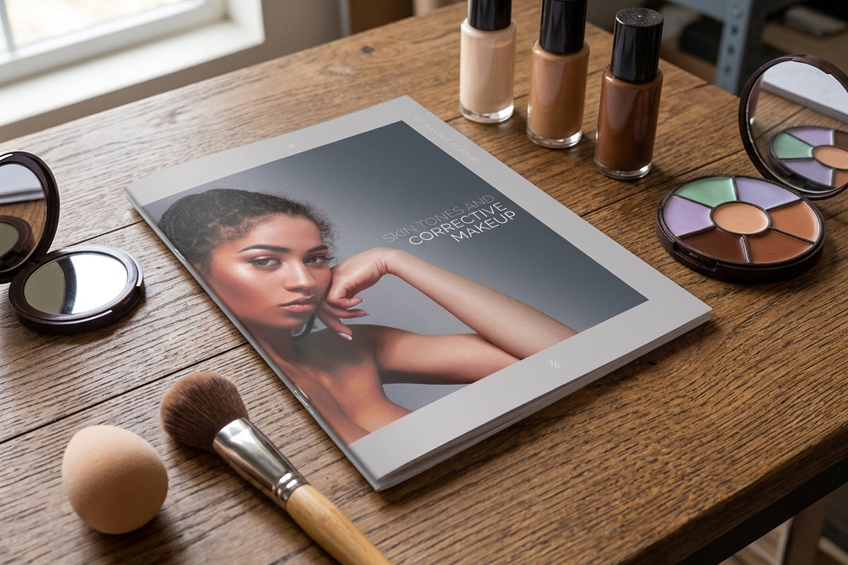 Makeup book on a wooden table with makeup products around