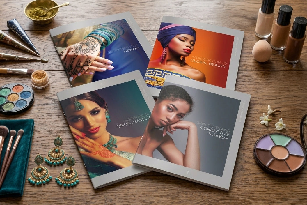 Makeup products and booklets on a wooden surface