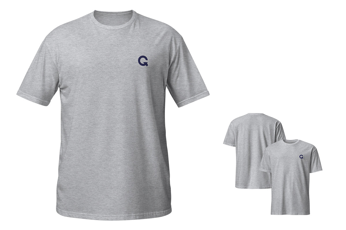 Gray t-shirt with a QC logo on a white background