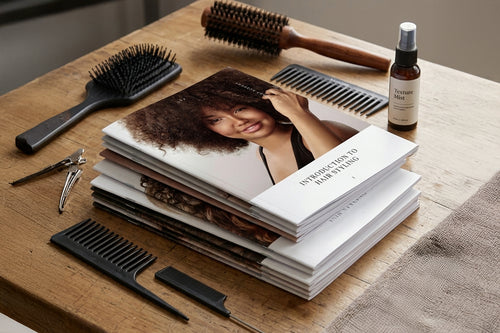 Hair care products including a bottle, brush, comb, and clippers on a wooden table with a stack of educational books featuring a woman with styled hair.